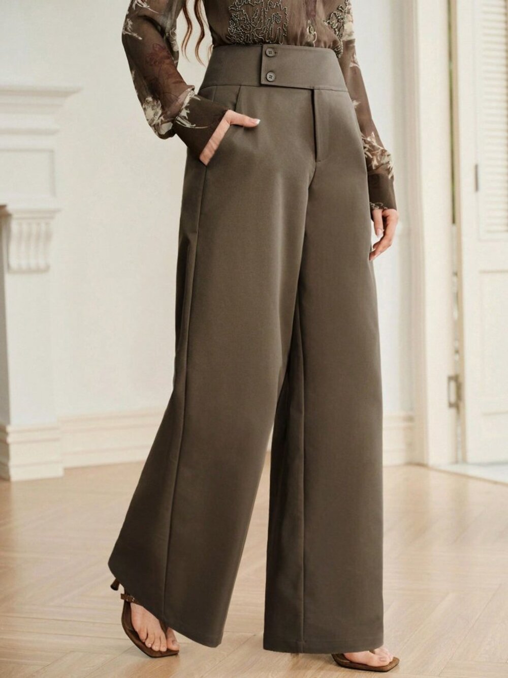 Green Elegant Women's Straight-Leg Pocket Trousers
